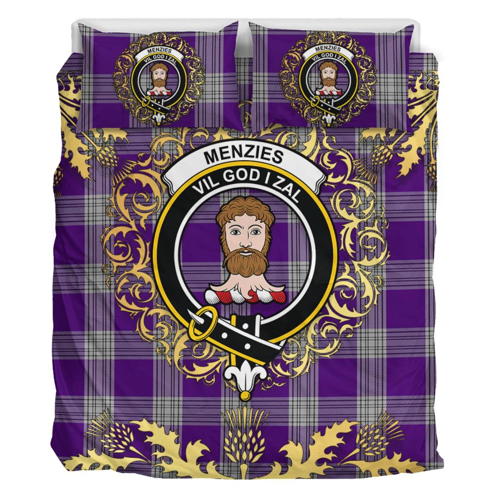 Menzies Mauve and White Tartan Crest Bedding Set - Golden Thistle Style