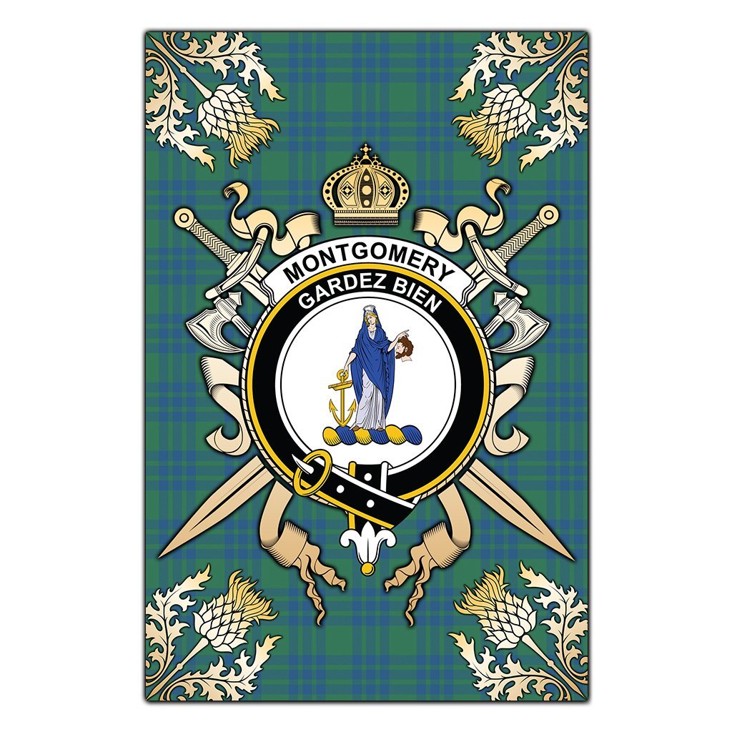 Montgomery Ancient Tartan Crest Black Garden Flag - Gold Thistle Style