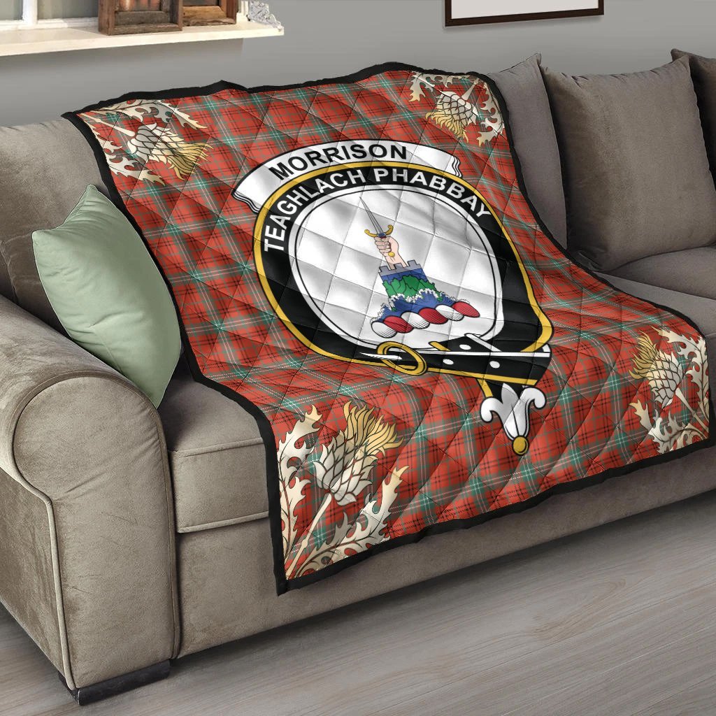 Morrison Red Ancient Tartan Crest Premium Quilt - Gold Thistle Style