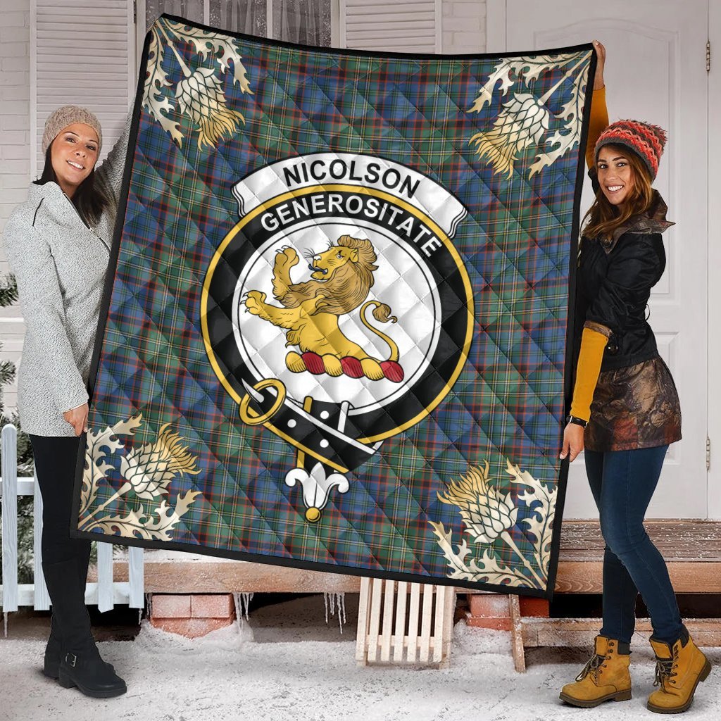 Nicolson Hunting Ancient Tartan Crest Premium Quilt - Gold Thistle Style