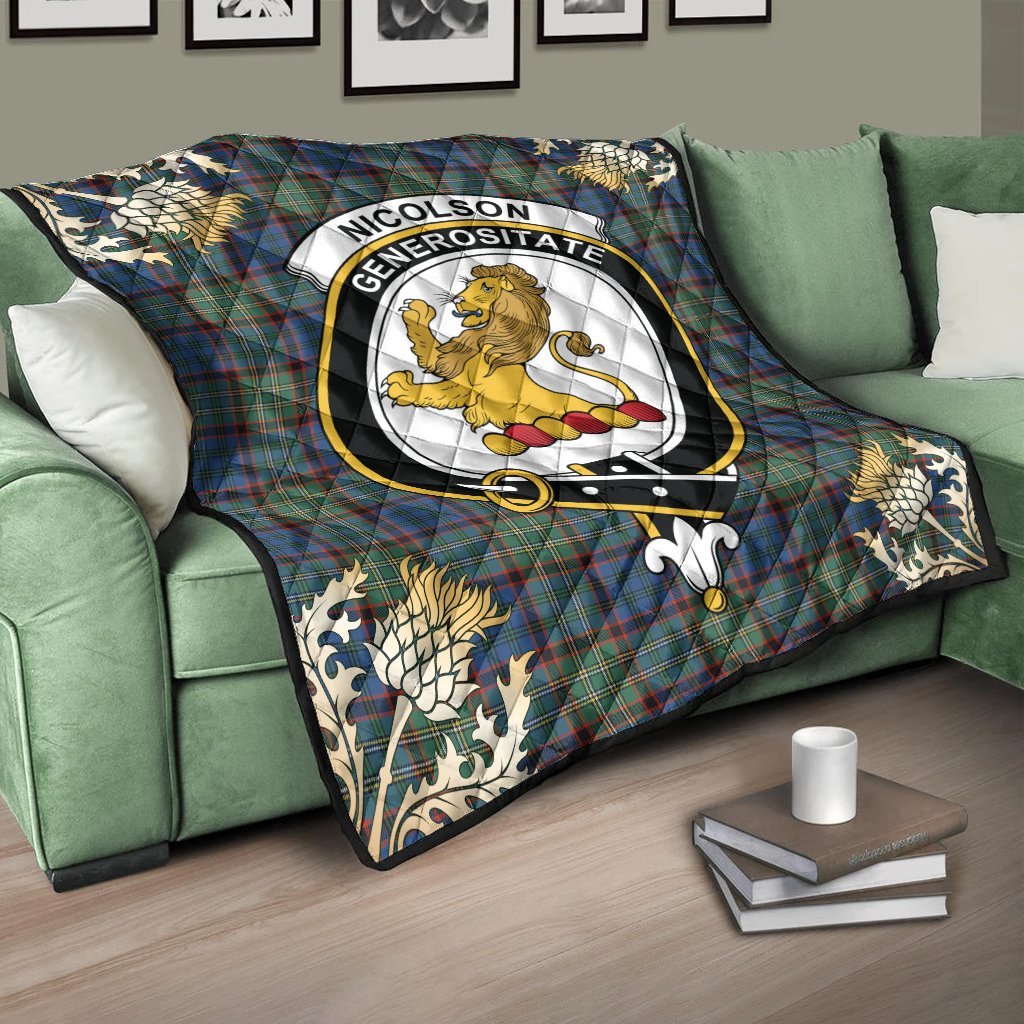Nicolson Hunting Ancient Tartan Crest Premium Quilt - Gold Thistle Style