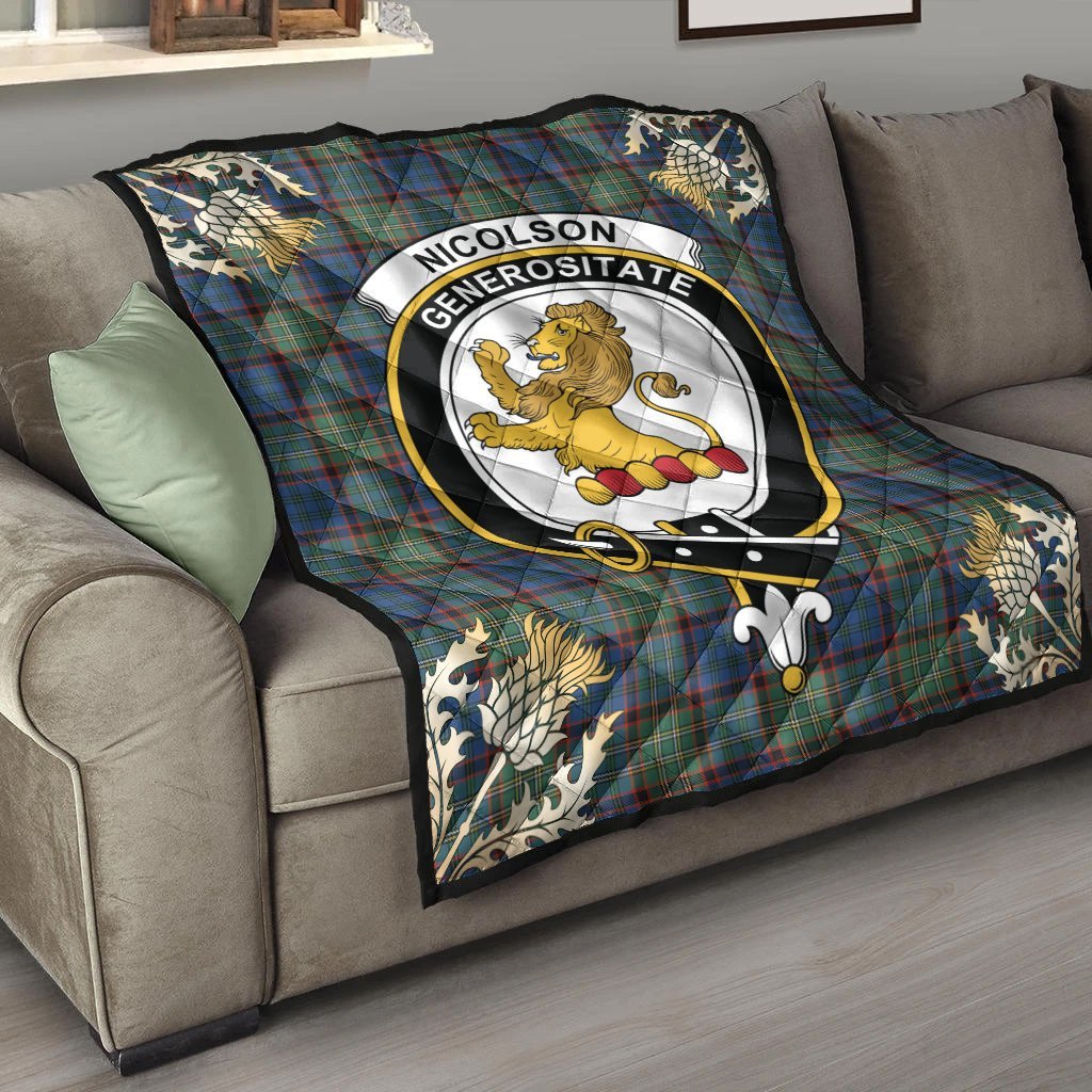 Nicolson Hunting Ancient Tartan Crest Premium Quilt - Gold Thistle Style