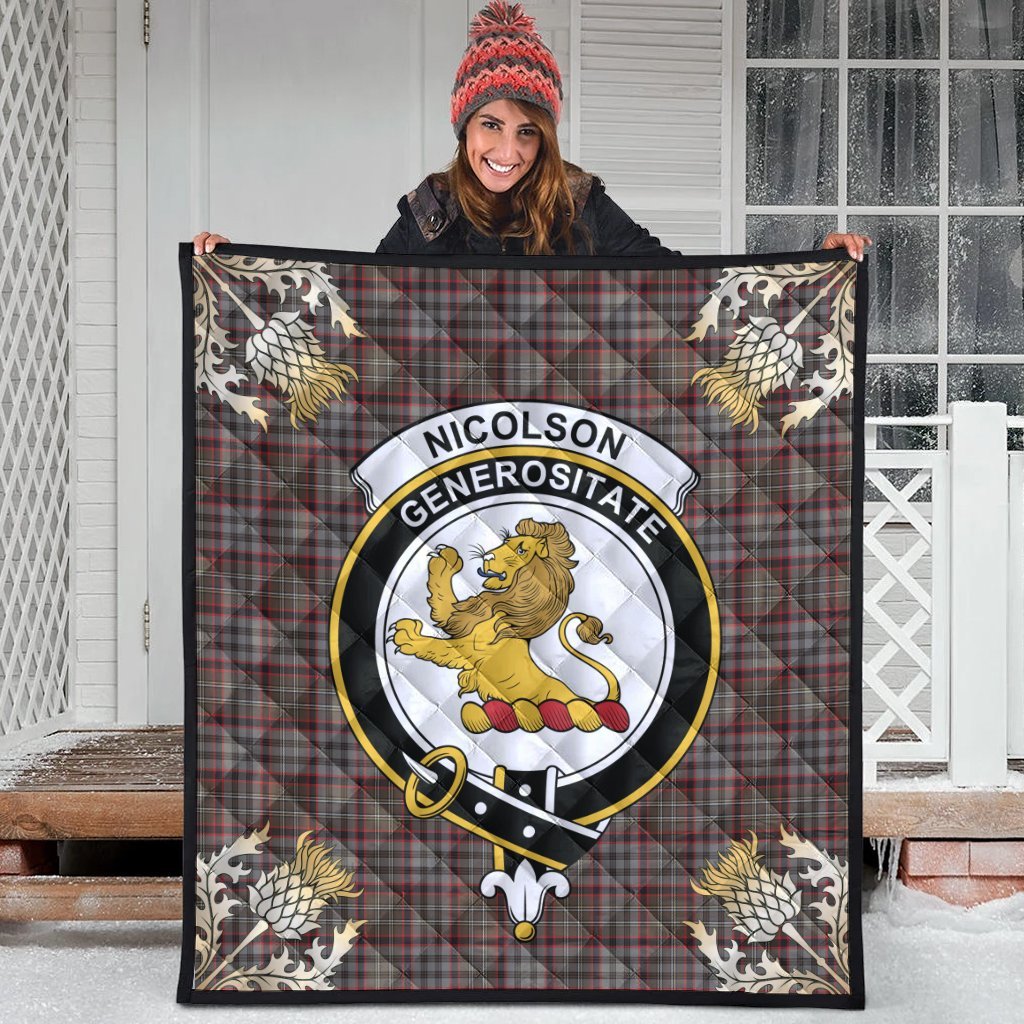 Nicolson Hunting Weathered Tartan Crest Premium Quilt - Gold Thistle Style