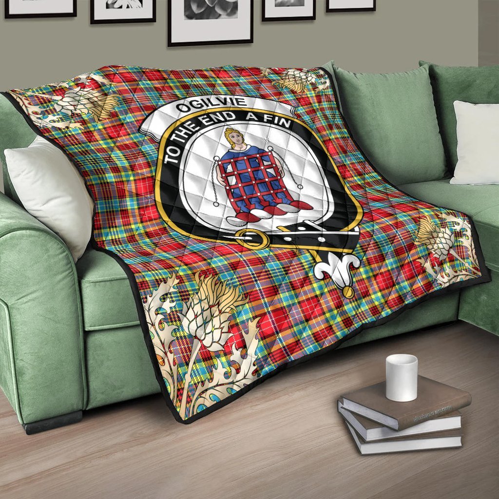 Ogilvie Tartan Crest Premium Quilt - Gold Thistle Style