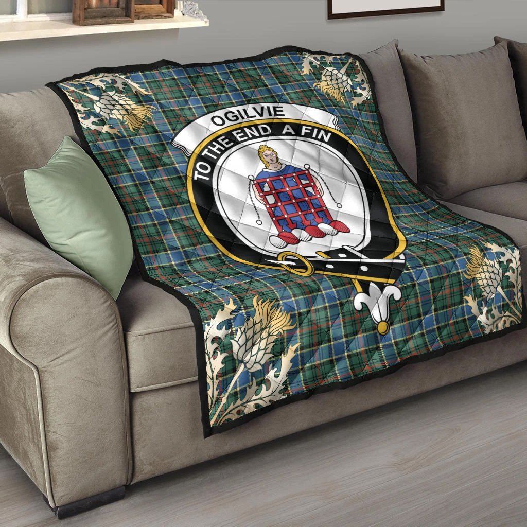Ogilvie Hunting Ancient Tartan Crest Premium Quilt - Gold Thistle Style