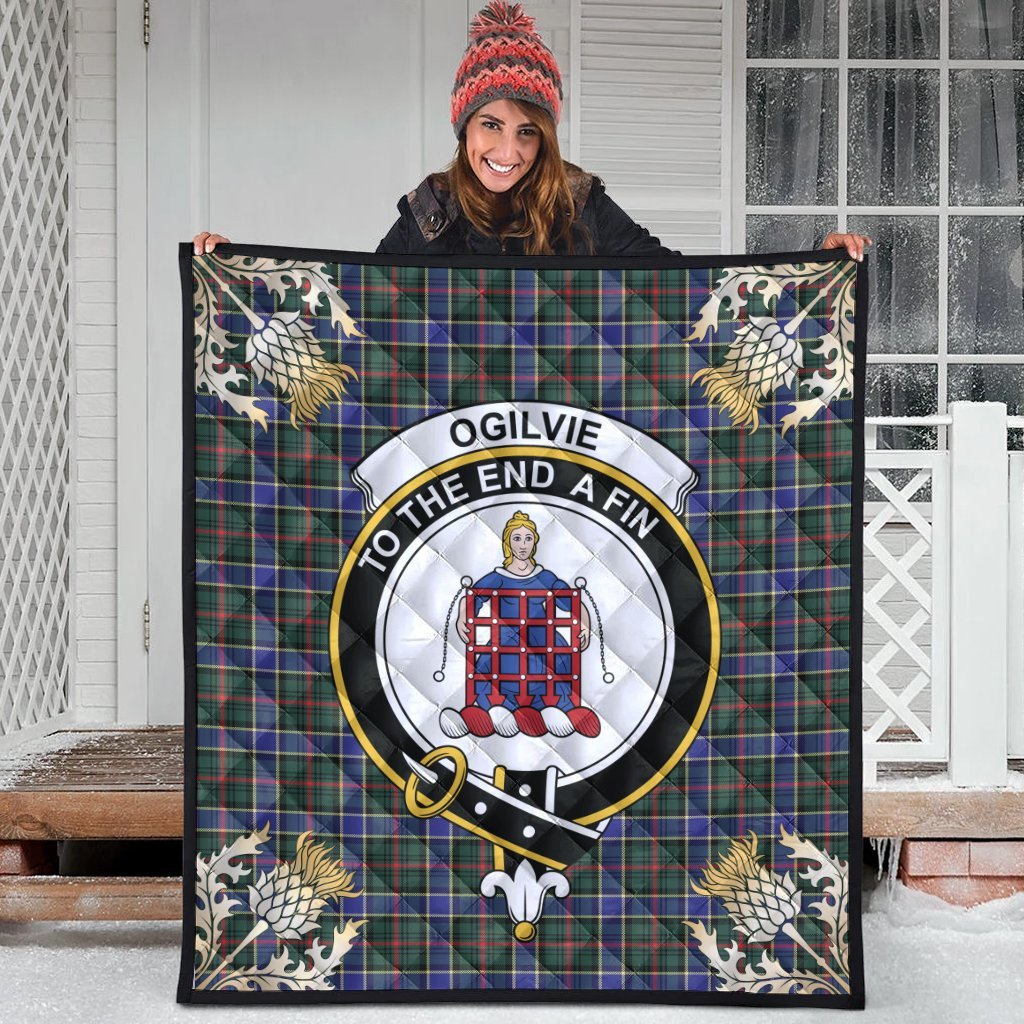 Ogilvie Hunting Modern Tartan Crest Premium Quilt - Gold Thistle Style