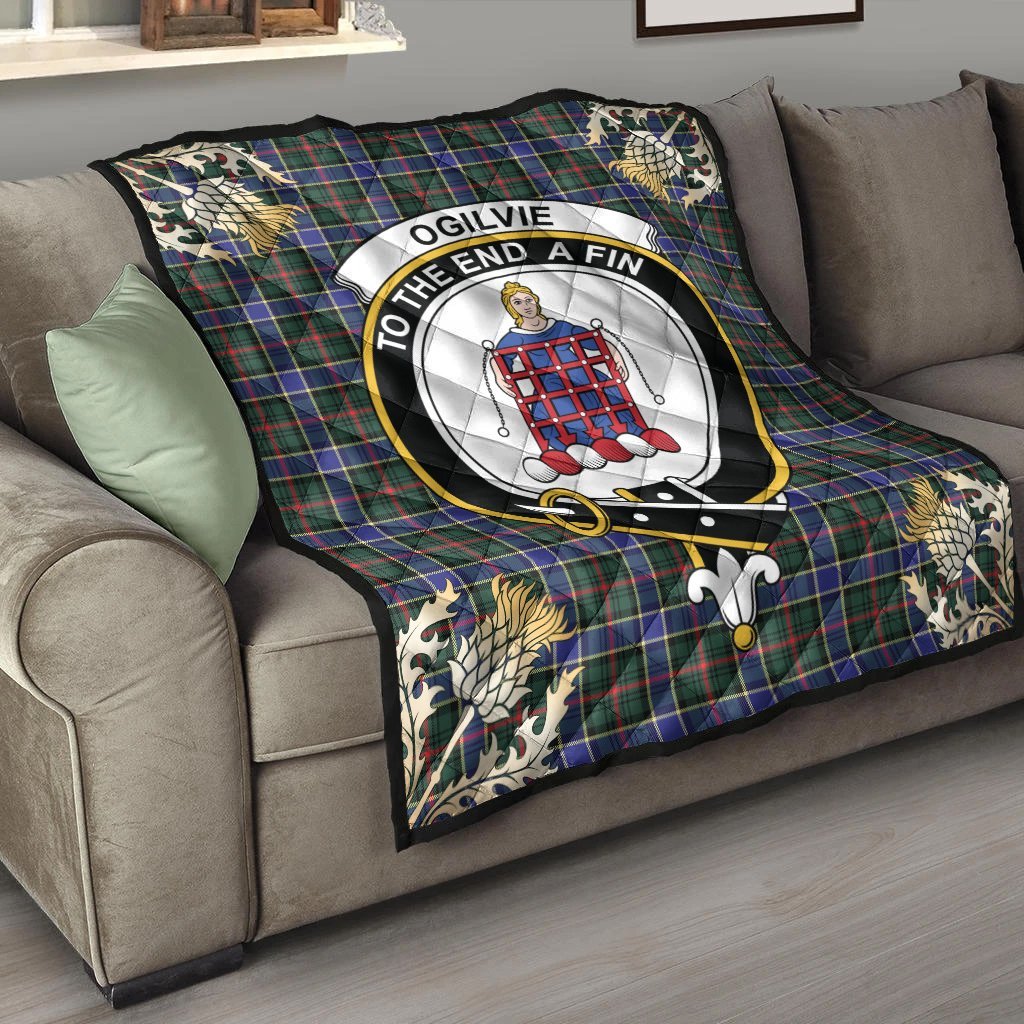 Ogilvie Hunting Modern Tartan Crest Premium Quilt - Gold Thistle Style