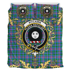 Pitcairn Hunting Tartan Crest Bedding Set - Golden Thistle Style