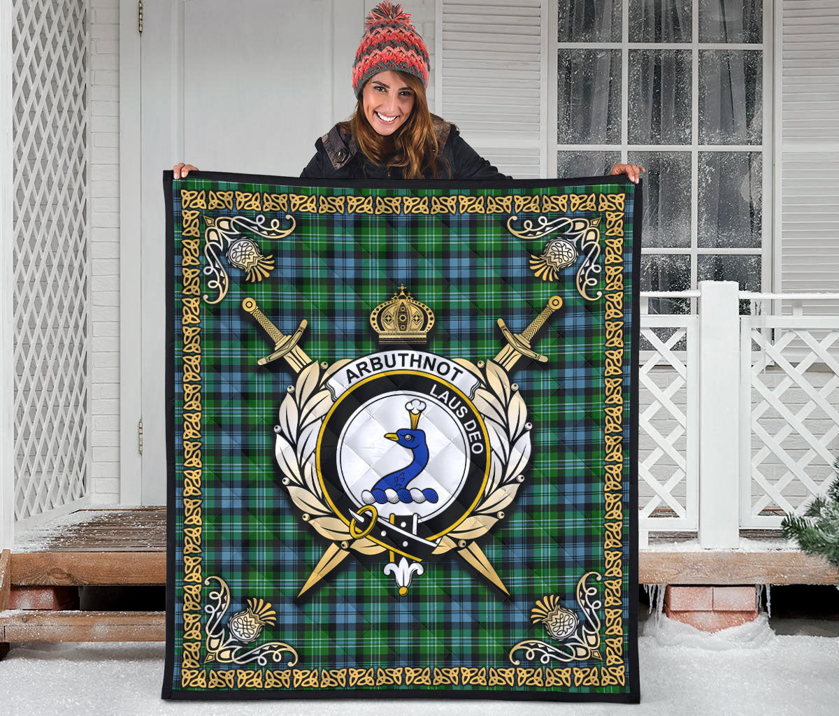 Arbuthnot Ancient Tartan Crest Premium Quilt - Celtic Thistle Style