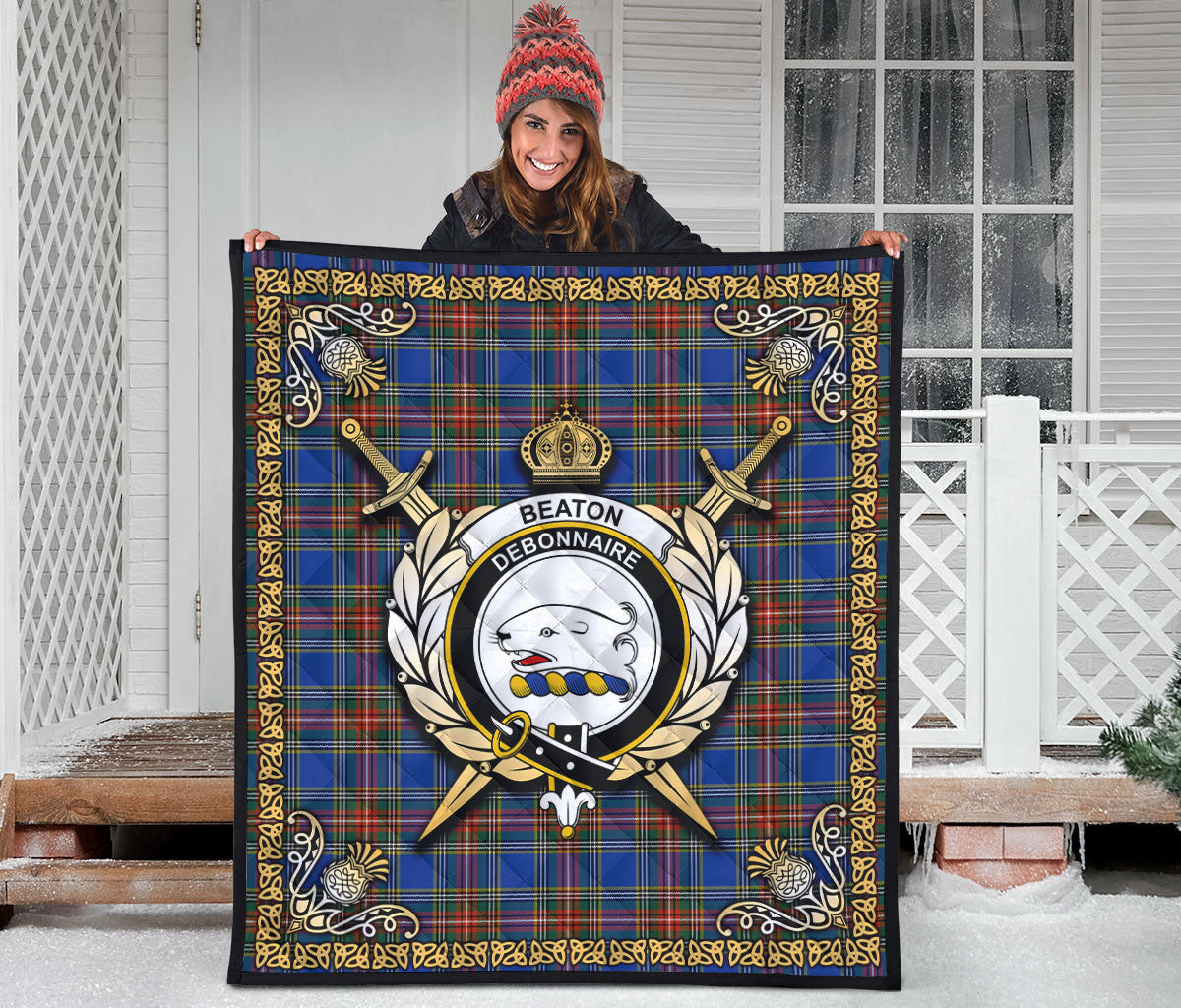 Beaton Ancient Tartan Crest Premium Quilt - Celtic Thistle Style