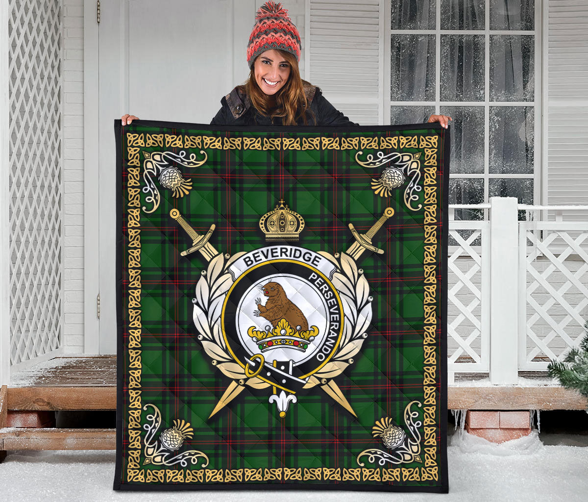 Beveridge Tartan Crest Premium Quilt - Celtic Thistle Style