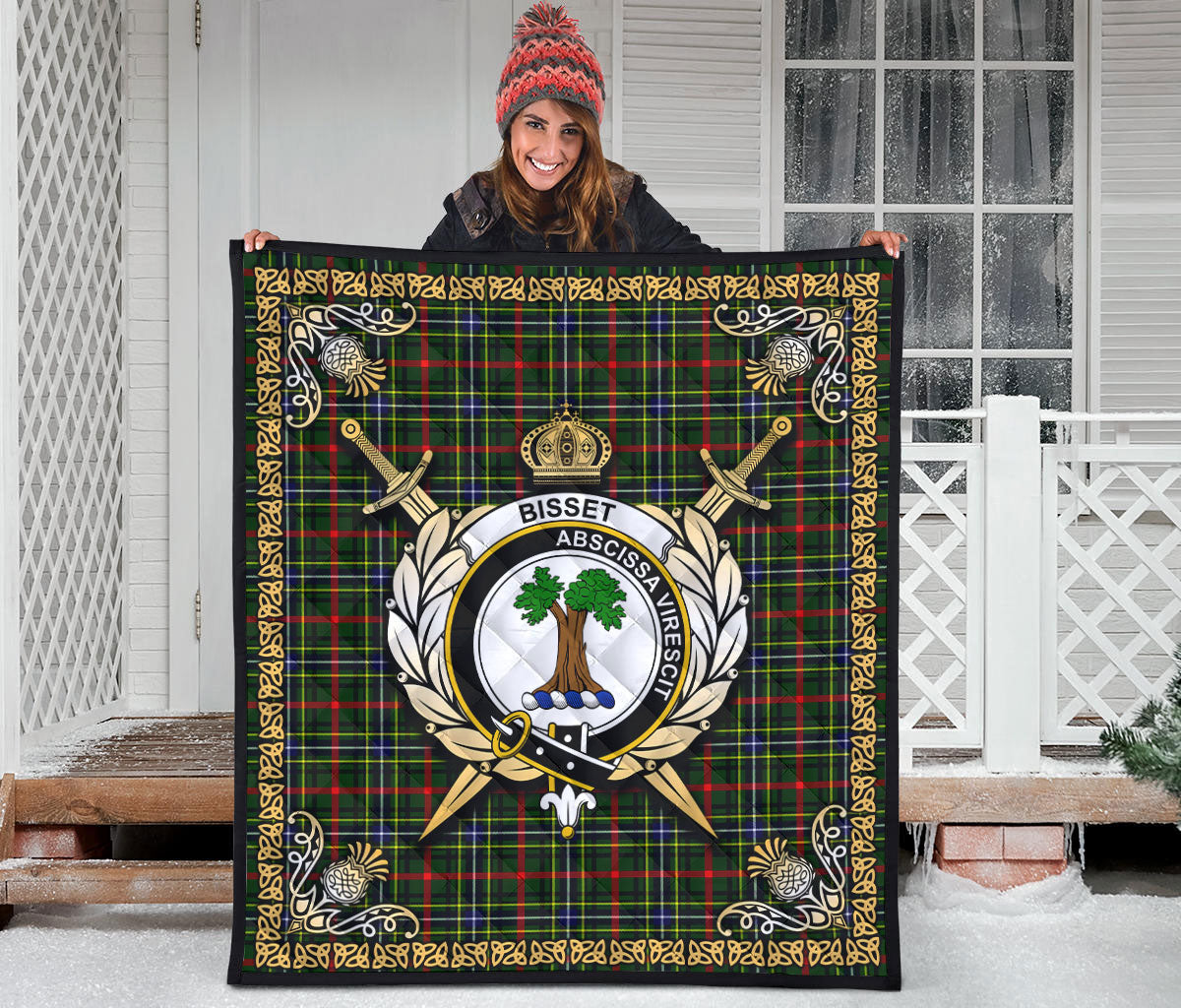 Bisset Tartan Crest Premium Quilt - Celtic Thistle Style