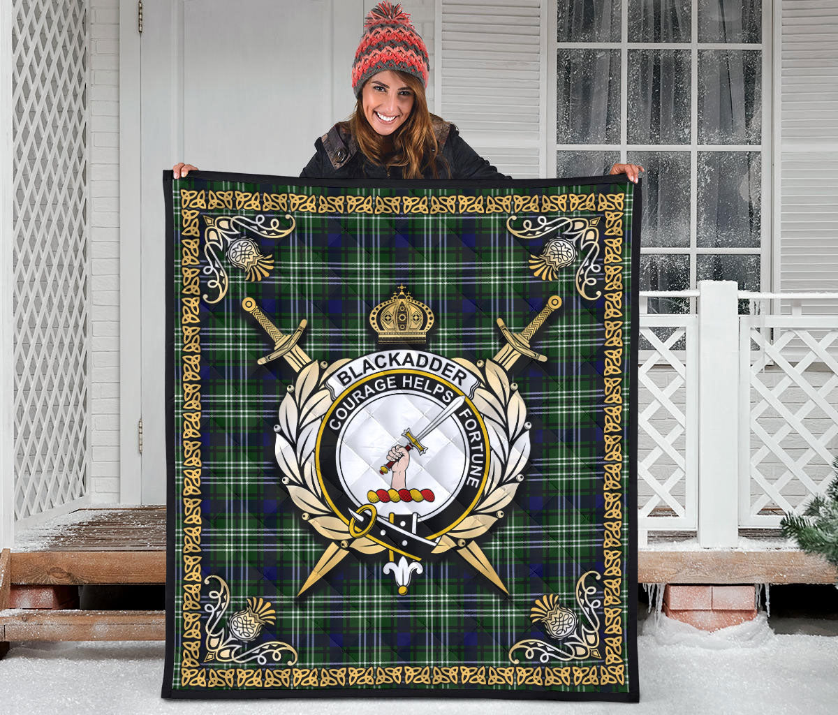 Blackadder Tartan Crest Premium Quilt - Celtic Thistle Style