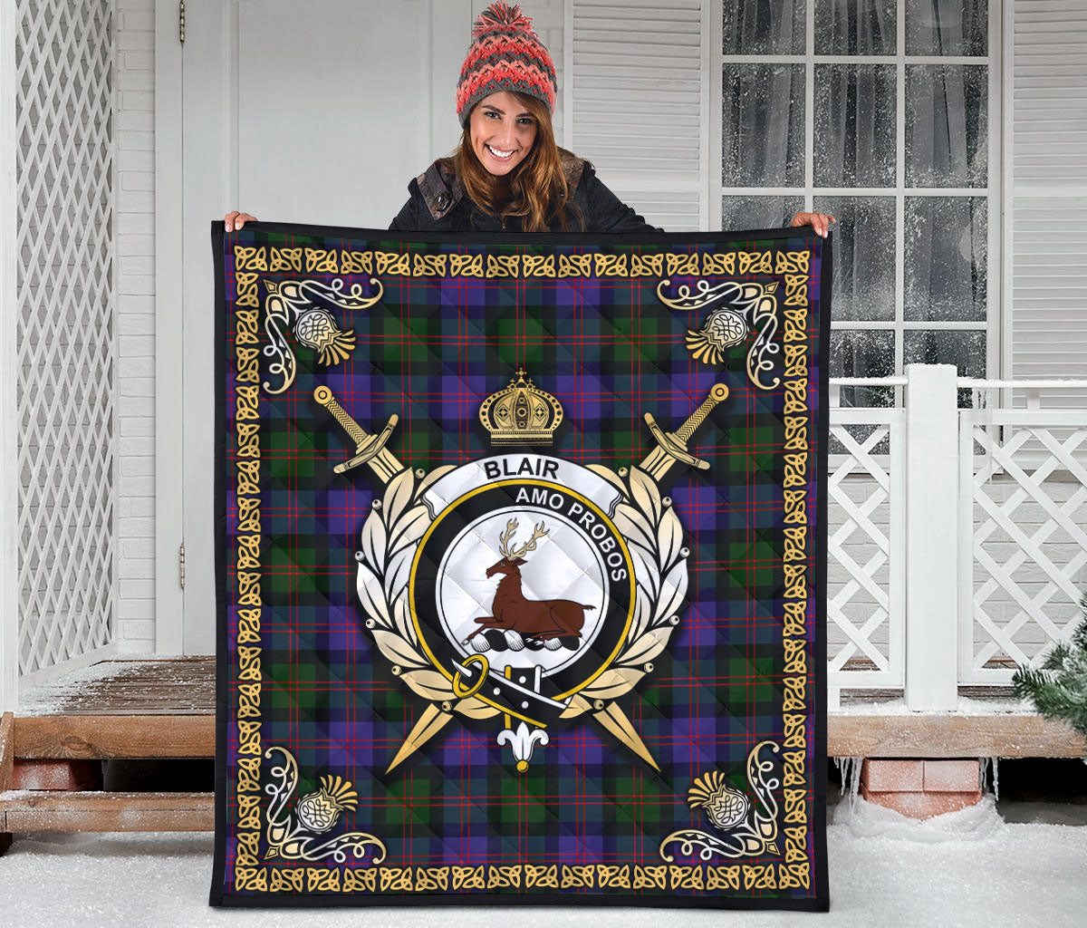 Blair Modern Tartan Crest Premium Quilt - Celtic Thistle Style