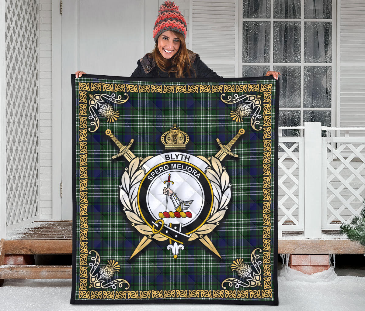 Blyth Tartan Crest Premium Quilt - Celtic Thistle Style