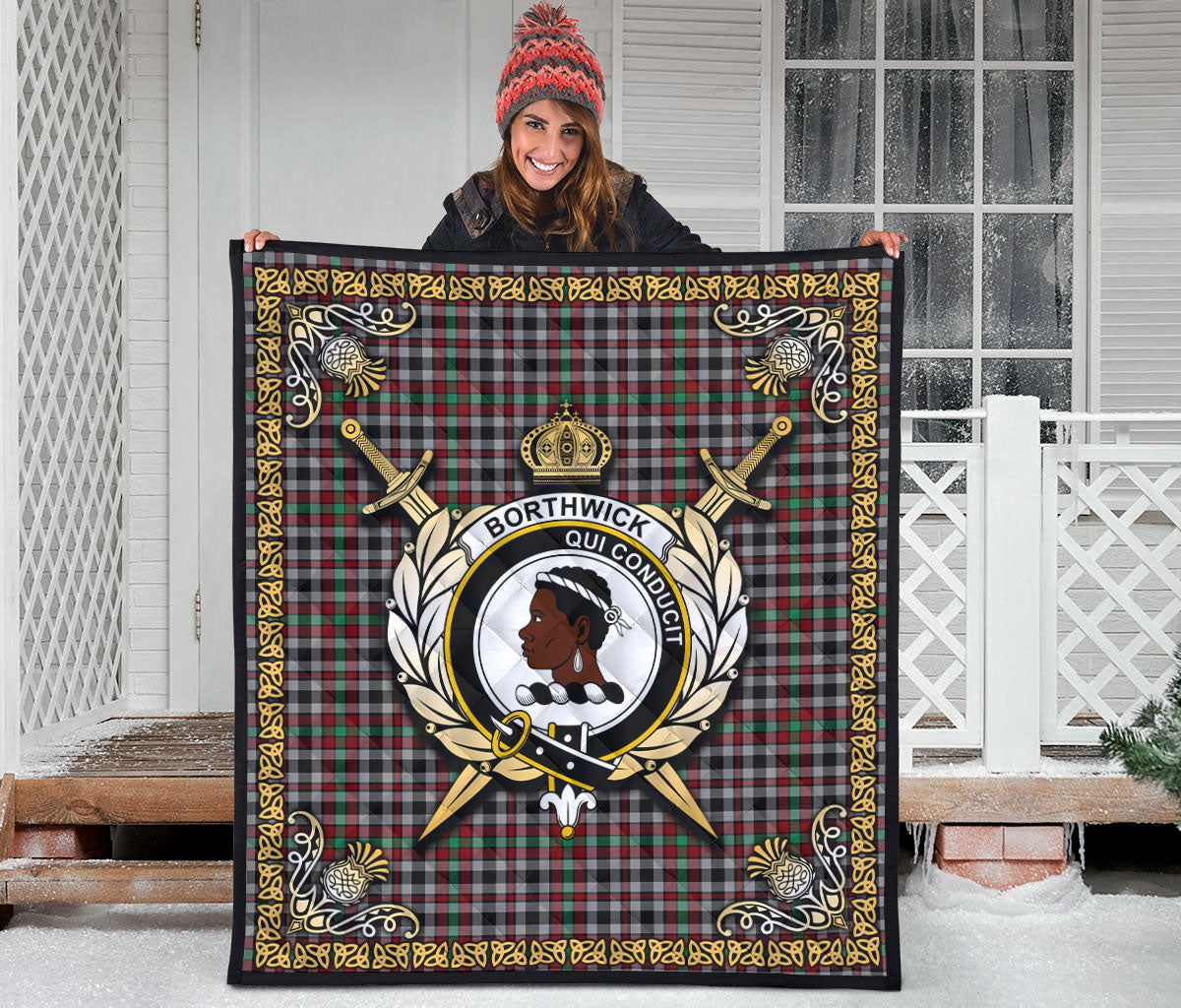 Borthwick Ancient Tartan Crest Premium Quilt - Celtic Thistle Style