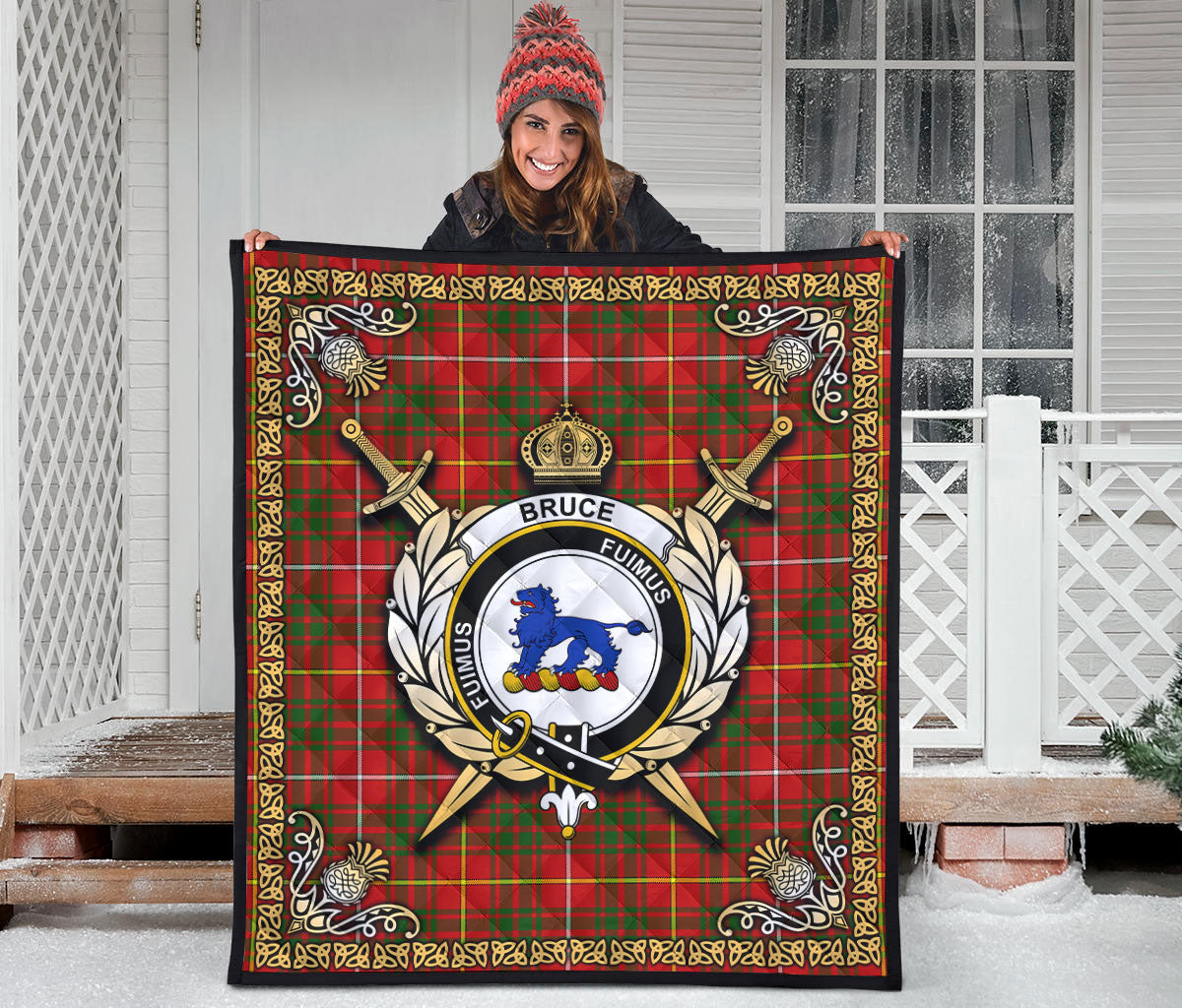 Bruce Modern Tartan Crest Premium Quilt - Celtic Thistle Style