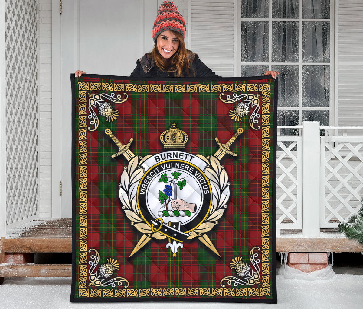 Burnett Tartan Crest Premium Quilt - Celtic Thistle Style