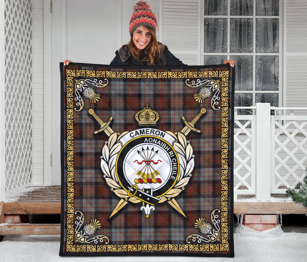 Cameron of Erracht Weathered Tartan Crest Premium Quilt - Celtic Thistle Style