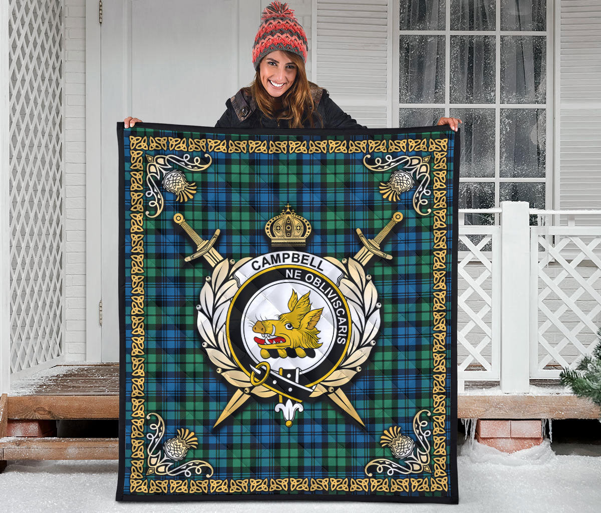 Campbell Ancient 01 Tartan Crest Premium Quilt - Celtic Thistle Style