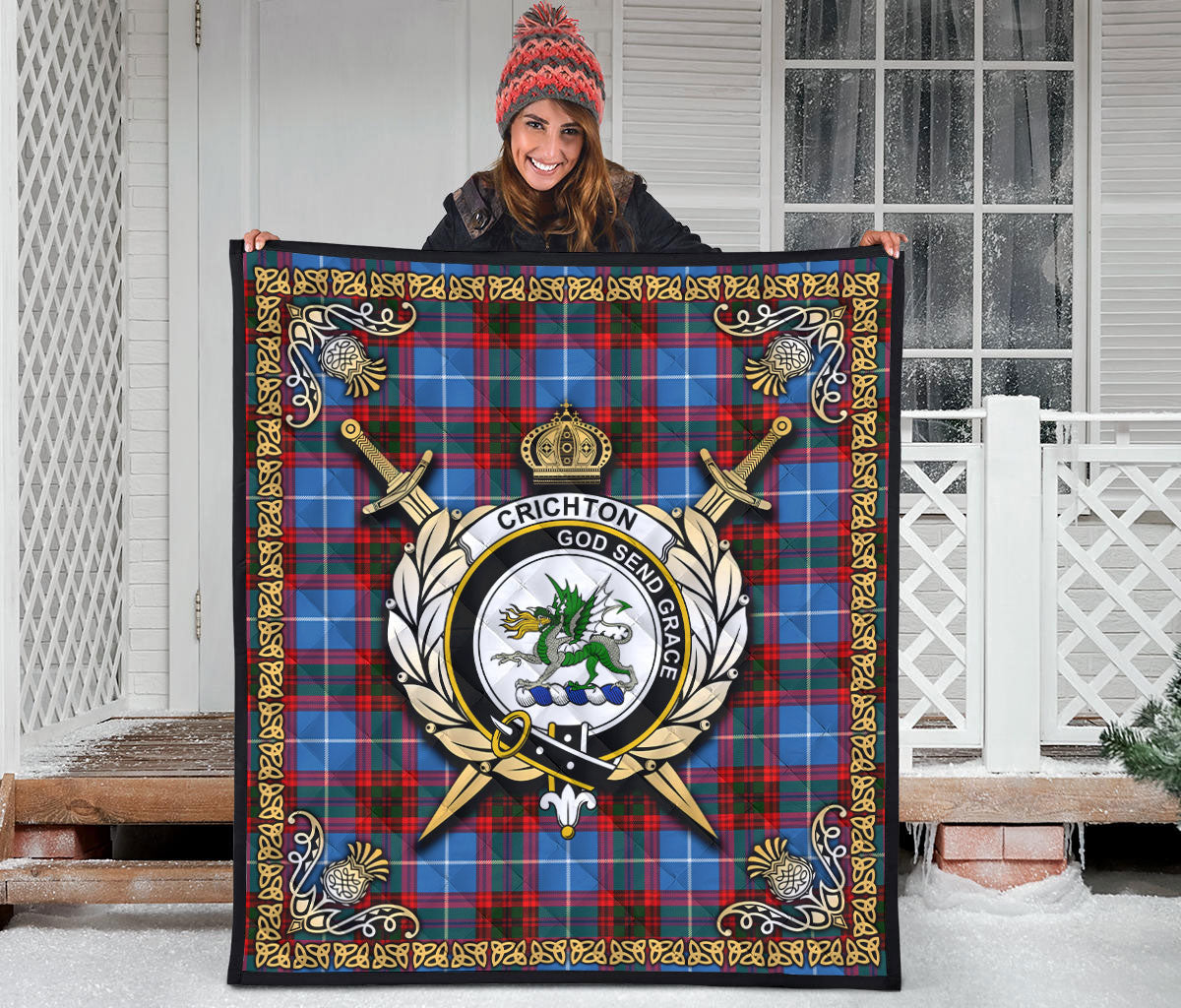 Crichton Tartan Crest Premium Quilt - Celtic Thistle Style