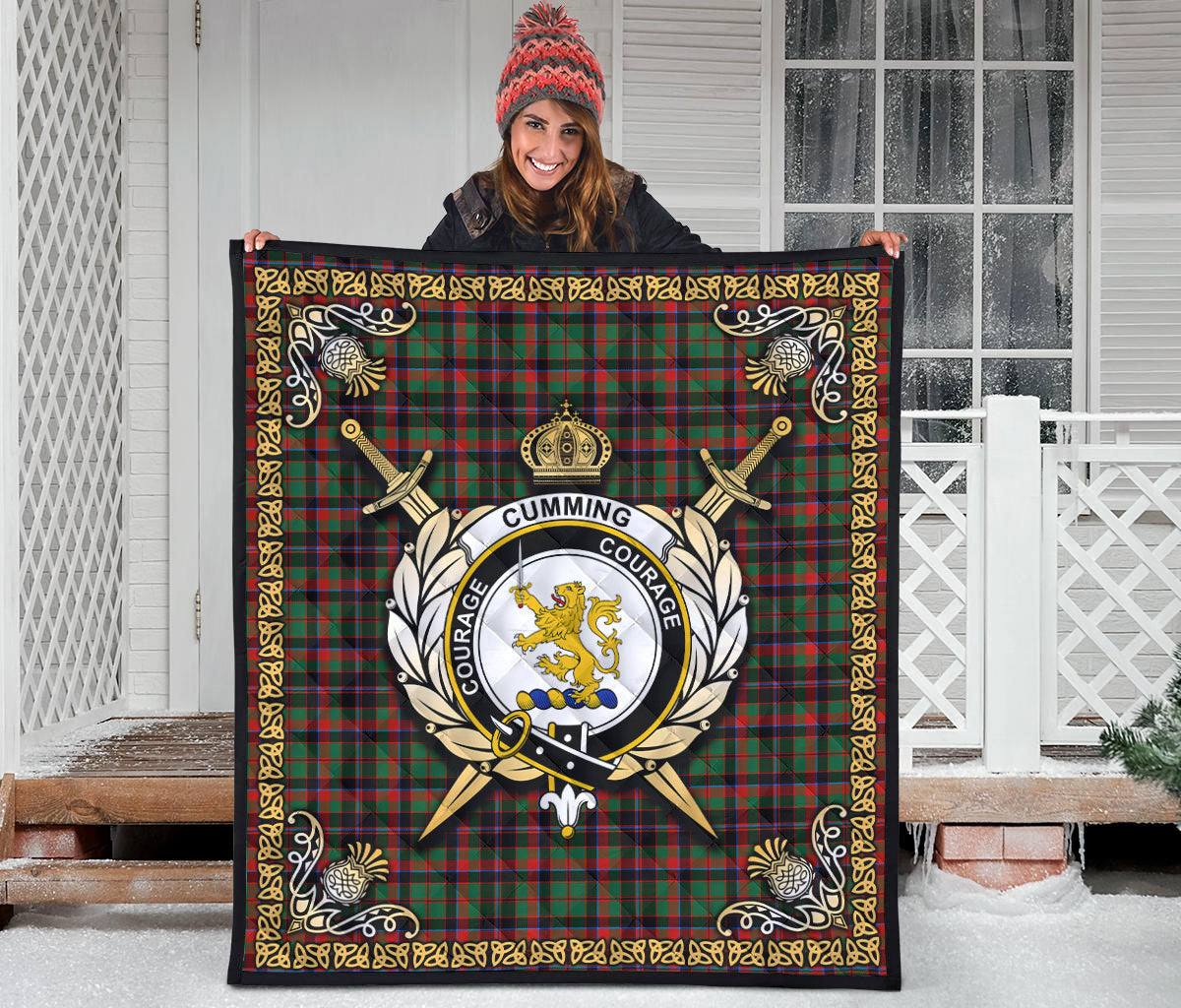 Cumming Hunting Ancient Tartan Crest Premium Quilt - Celtic Thistle Style