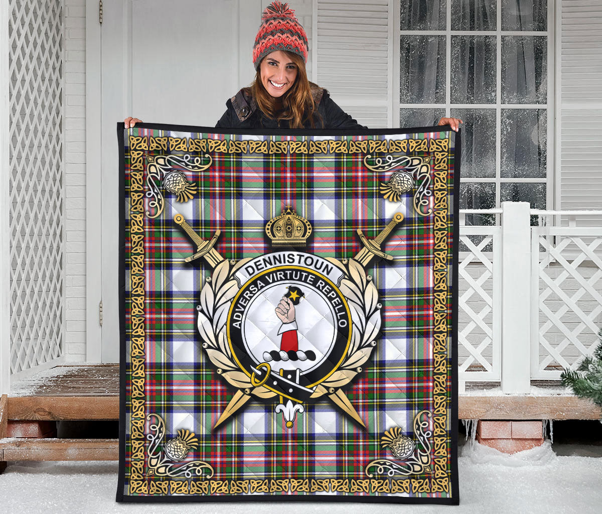 Dennistoun Tartan Crest Premium Quilt - Celtic Thistle Style