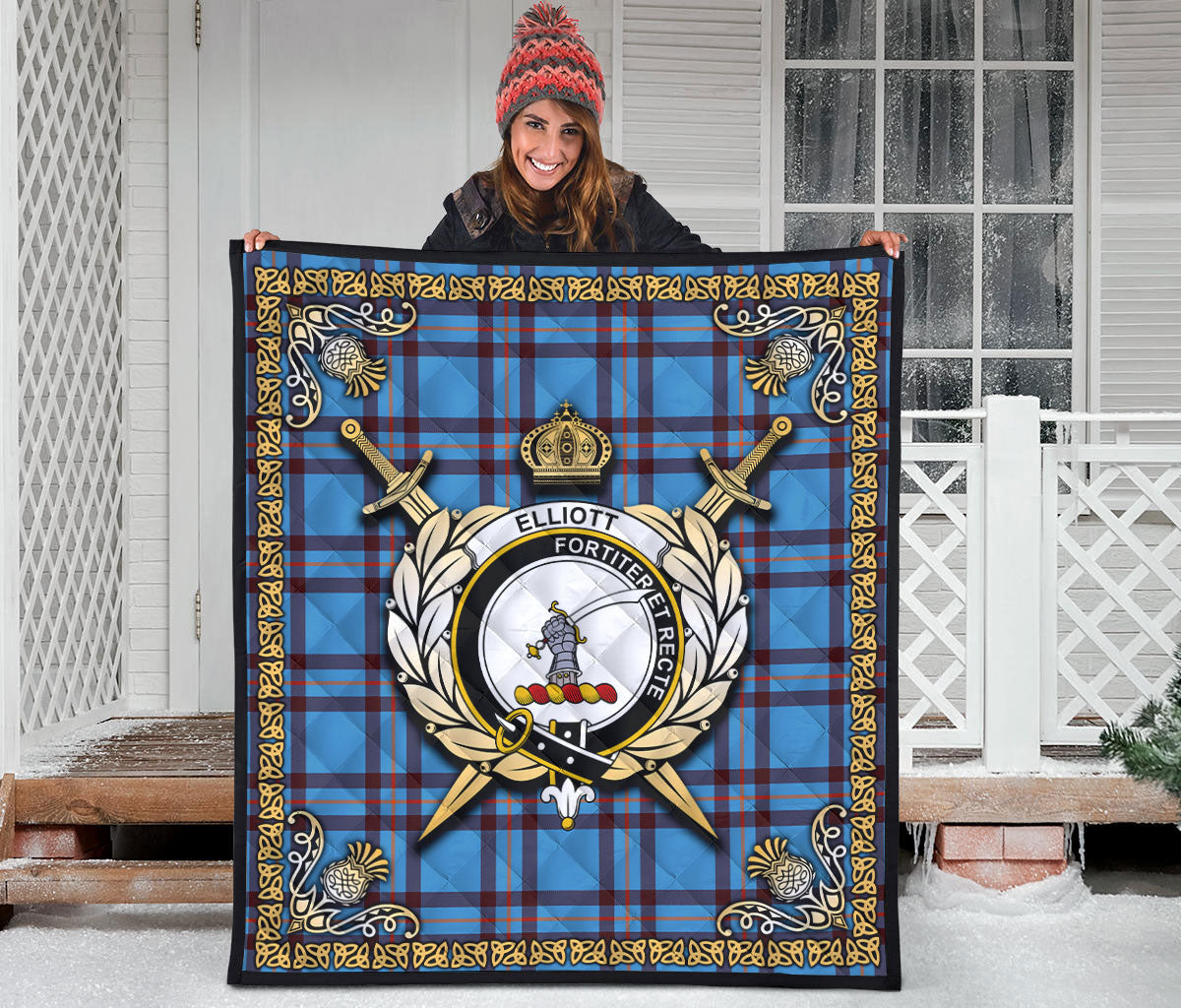 Elliott Ancient Tartan Crest Premium Quilt - Celtic Thistle Style