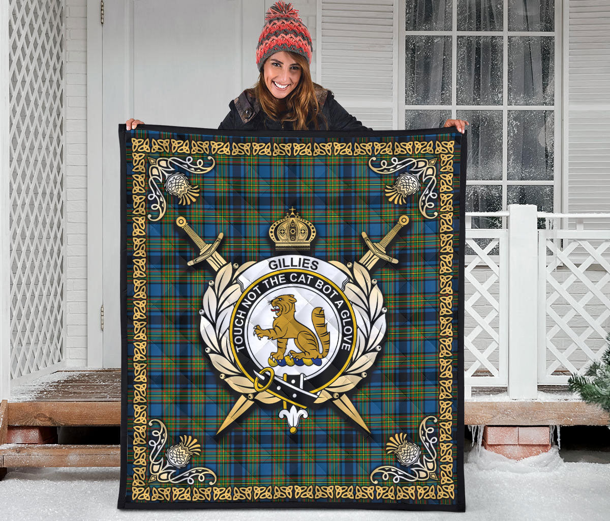 Gillies Ancient Tartan Crest Premium Quilt - Celtic Thistle Style