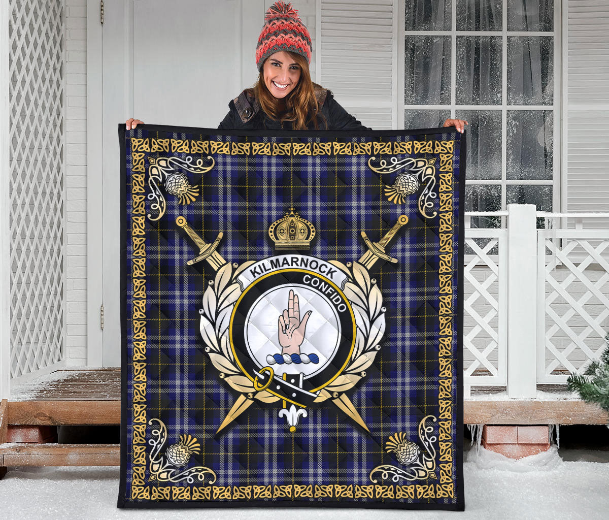 Kilmarnock Tartan Crest Premium Quilt - Celtic Thistle Style