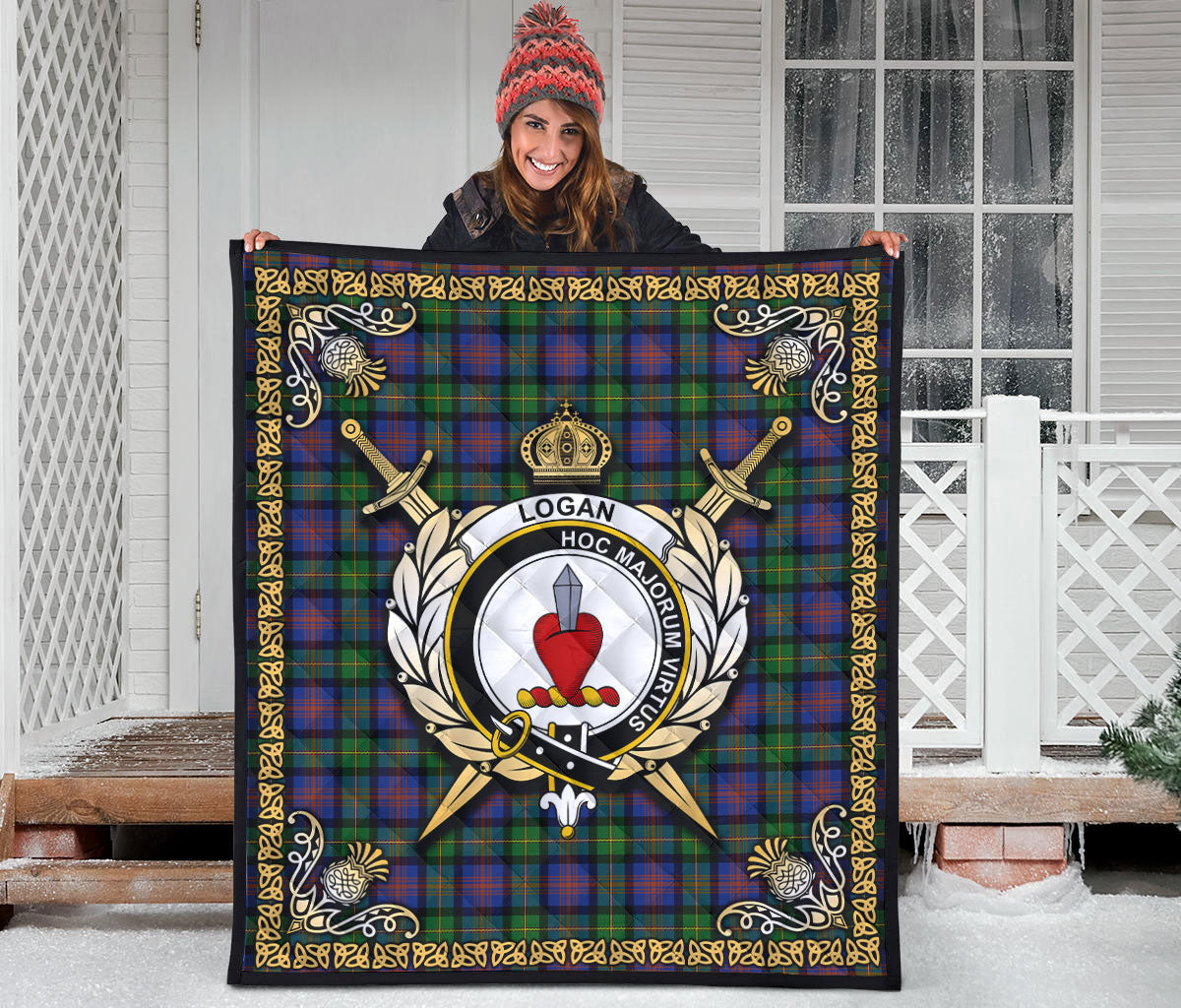Logan Ancient Tartan Crest Premium Quilt - Celtic Thistle Style