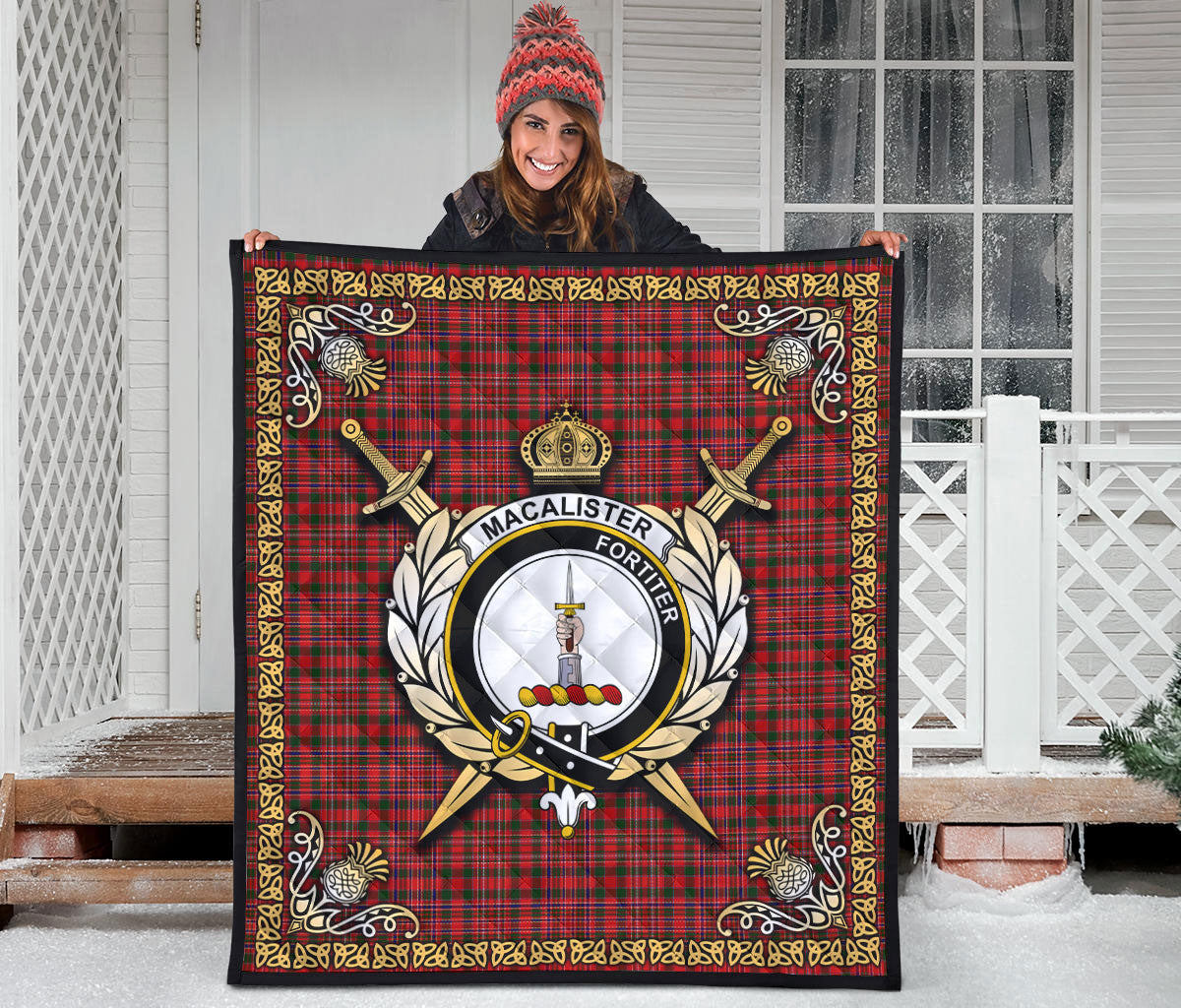 MacAlister Modern Tartan Crest Premium Quilt - Celtic Thistle Style