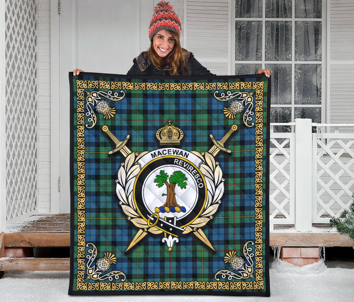 MacEwan Ancient Tartan Crest Premium Quilt - Celtic Thistle Style