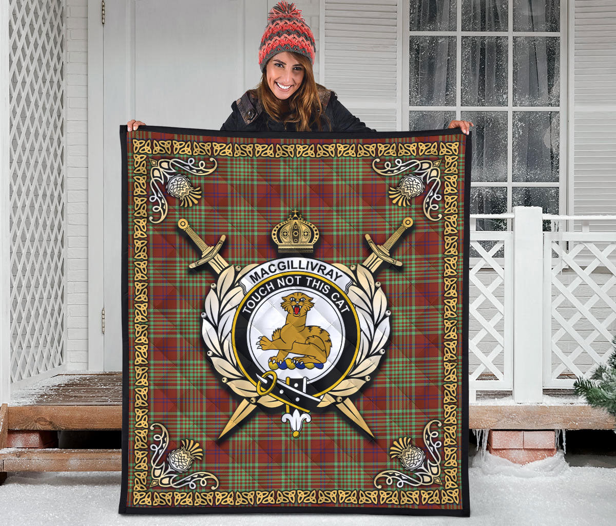 MacGillivray Hunting Ancient Tartan Crest Premium Quilt - Celtic Thistle Style