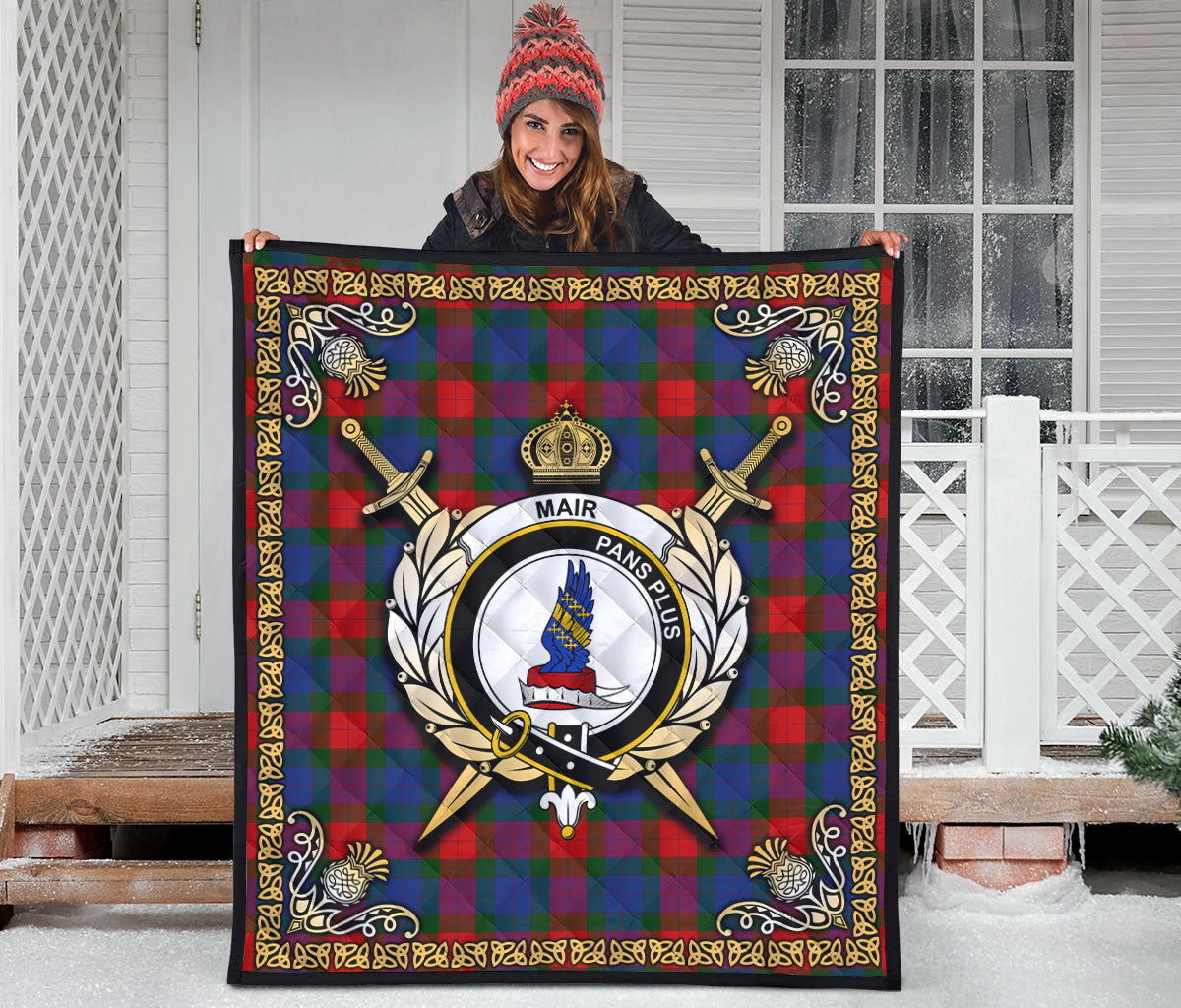 Mar Tartan Crest Premium Quilt - Celtic Thistle Style