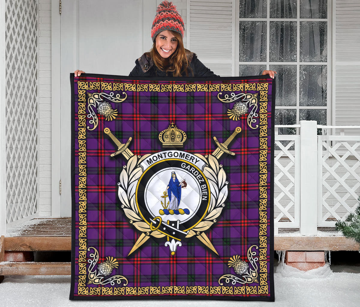 Montgomery Modern Tartan Crest Premium Quilt - Celtic Thistle Style