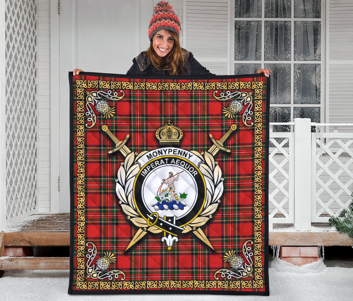 Monypenny Tartan Crest Premium Quilt - Celtic Thistle Style