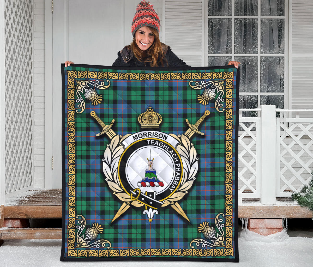 Morrison Ancient Tartan Crest Premium Quilt - Celtic Thistle Style