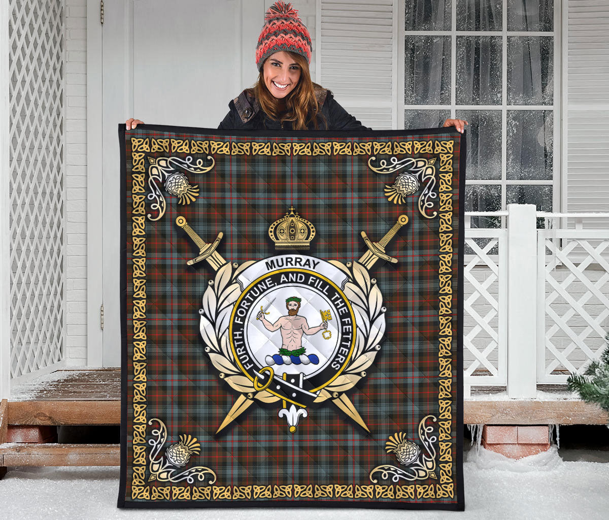 Murray of Atholl Weathered Tartan Crest Premium Quilt - Celtic Thistle Style