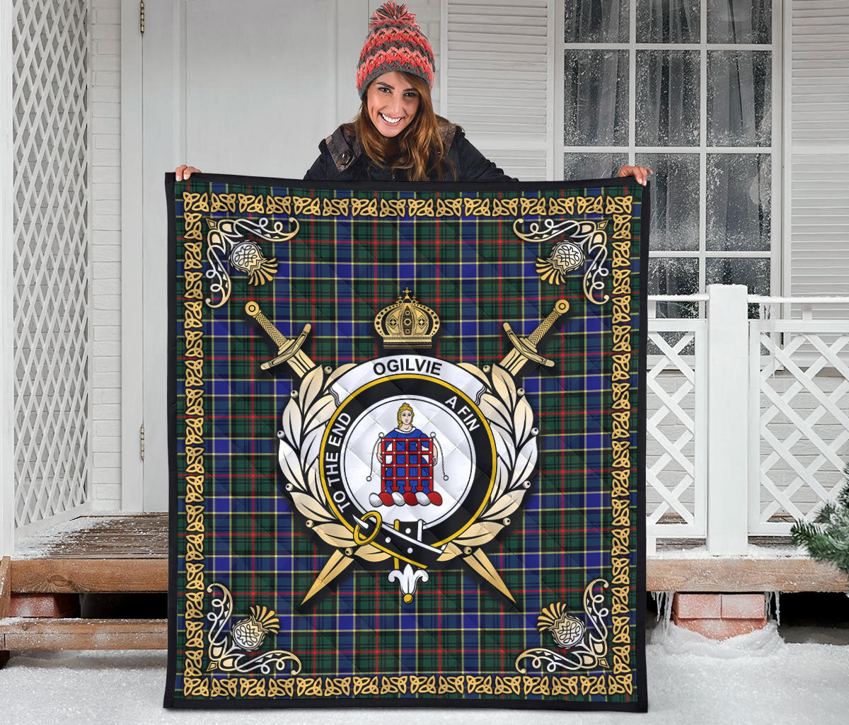 Ogilvie Hunting Modern Tartan Crest Premium Quilt - Celtic Thistle Style