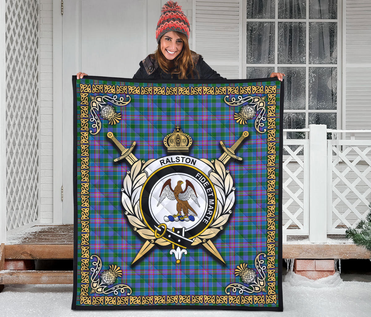 Ralston Tartan Crest Premium Quilt - Celtic Thistle Style