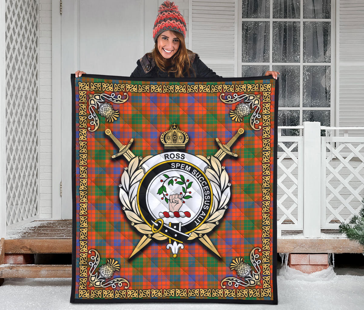 Ross Ancient Tartan Crest Premium Quilt - Celtic Thistle Style