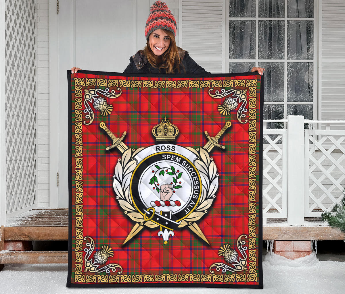Ross Modern Tartan Crest Premium Quilt - Celtic Thistle Style