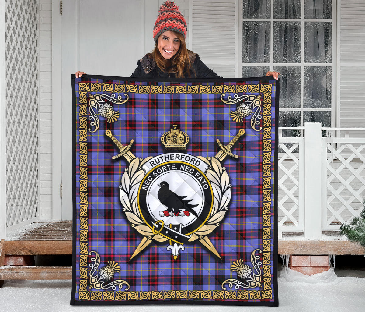 Rutherford Tartan Crest Premium Quilt - Celtic Thistle Style