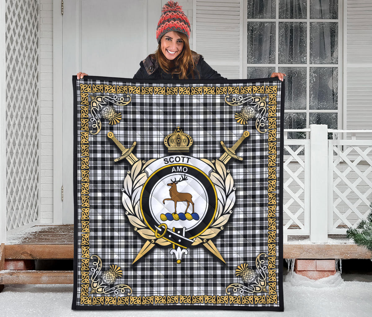 Scott Black & White Modern Tartan Crest Premium Quilt - Celtic Thistle Style