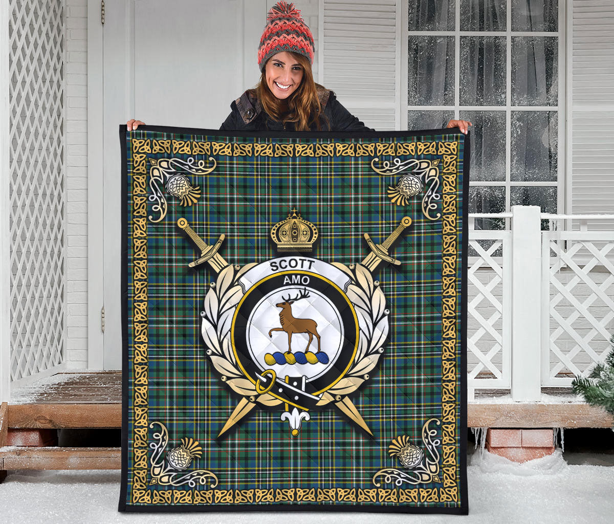 Scott Green Ancient Tartan Crest Premium Quilt - Celtic Thistle Style