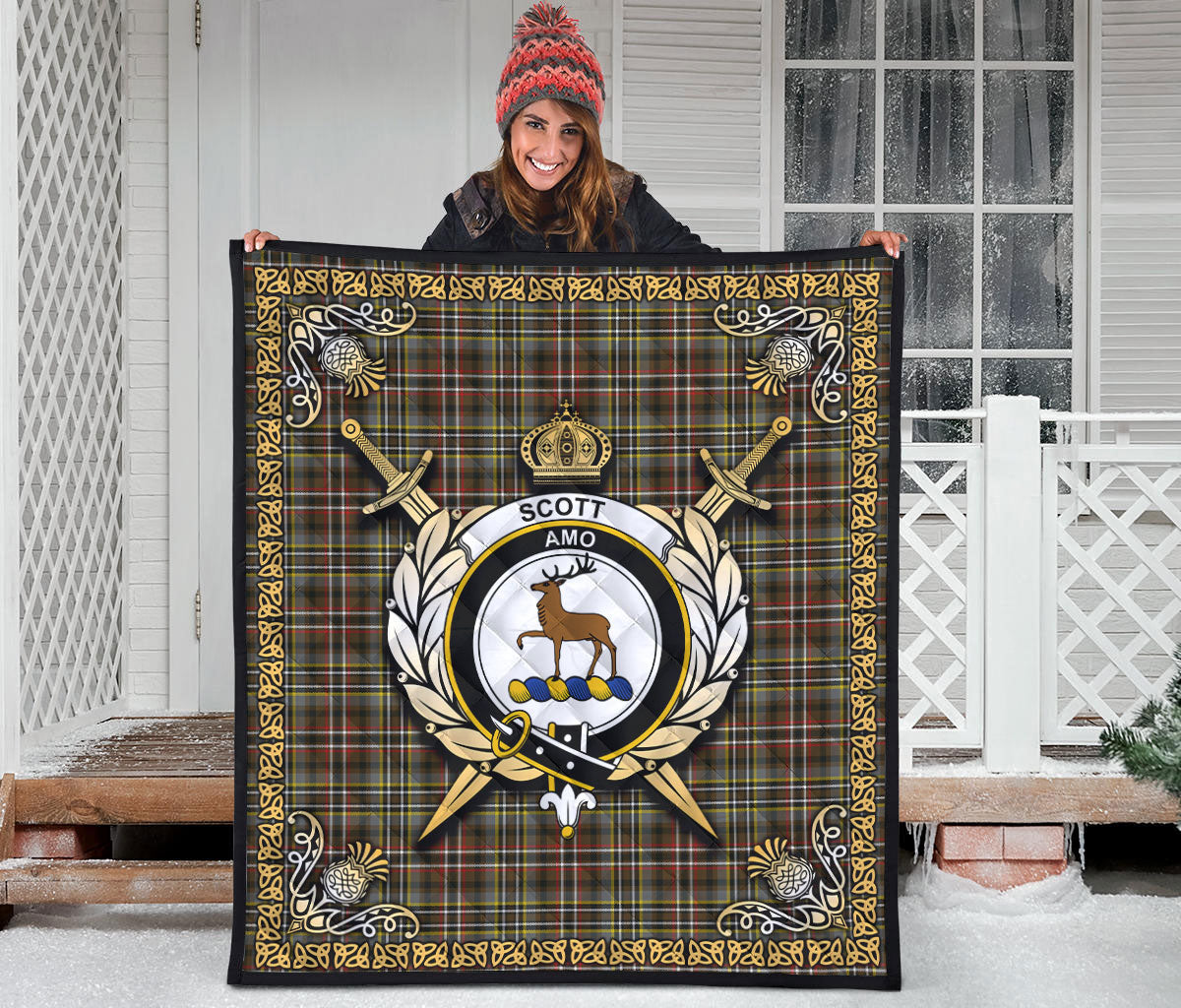 Scott Green Weathered Tartan Crest Premium Quilt - Celtic Thistle Style
