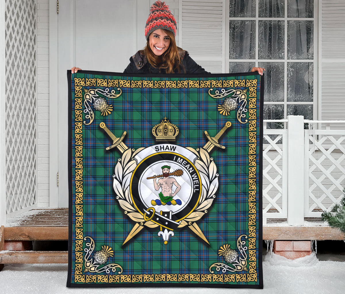 Shaw (of Sauchie) Tartan Crest Premium Quilt - Celtic Thistle Style