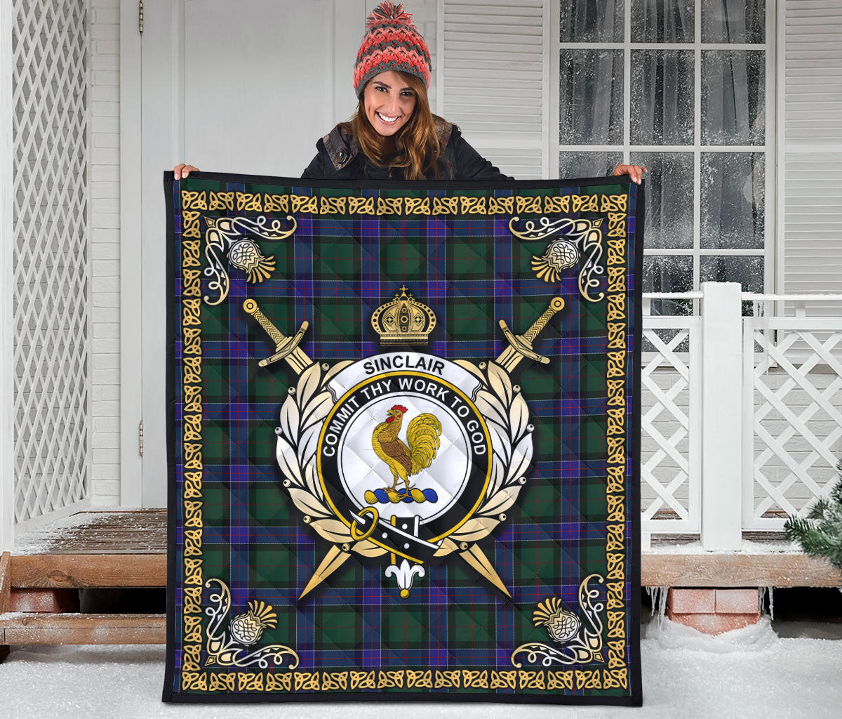 Sinclair Hunting Modern Tartan Crest Premium Quilt - Celtic Thistle Style
