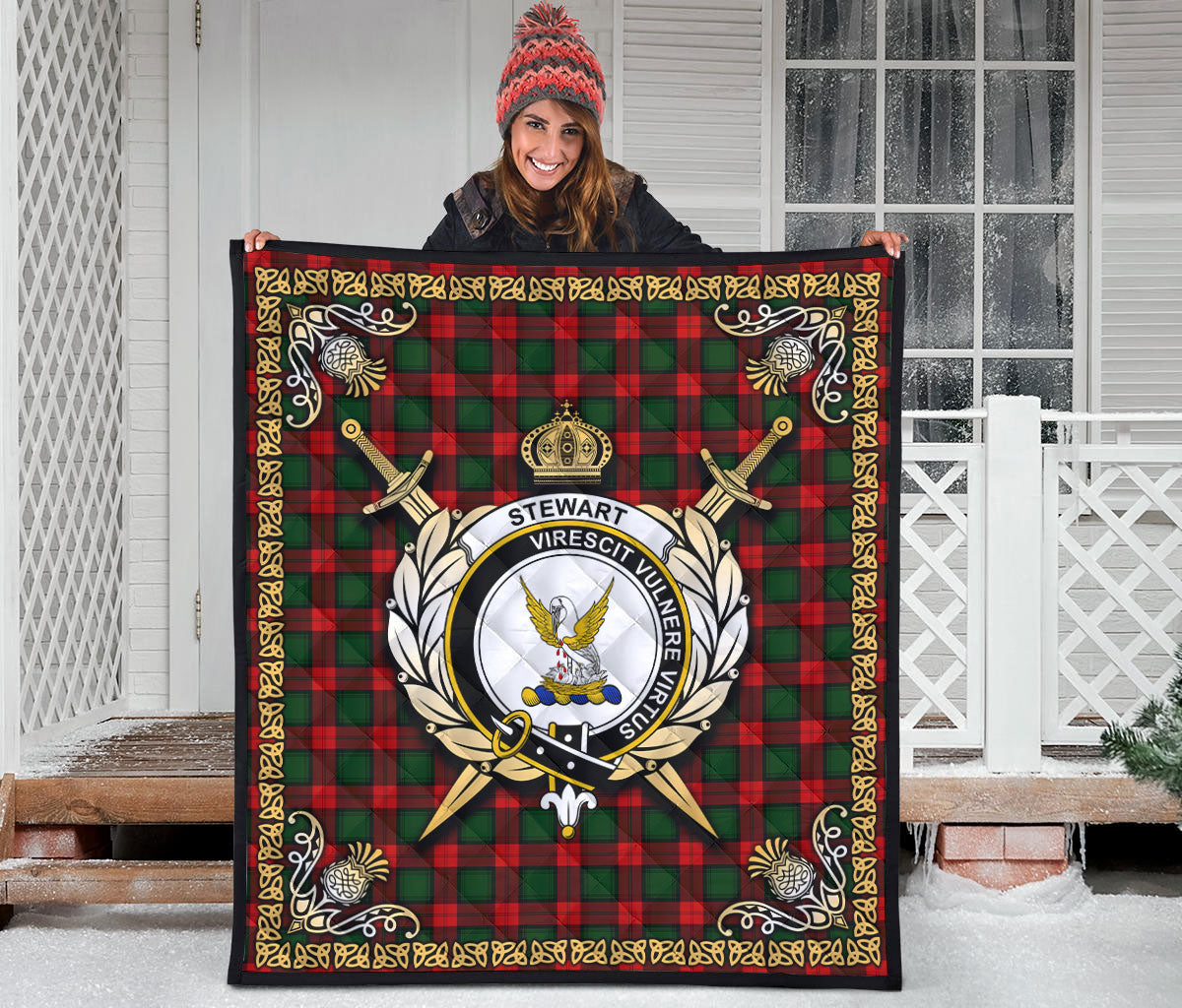 Stewart Atholl Modern Tartan Crest Premium Quilt - Celtic Thistle Style